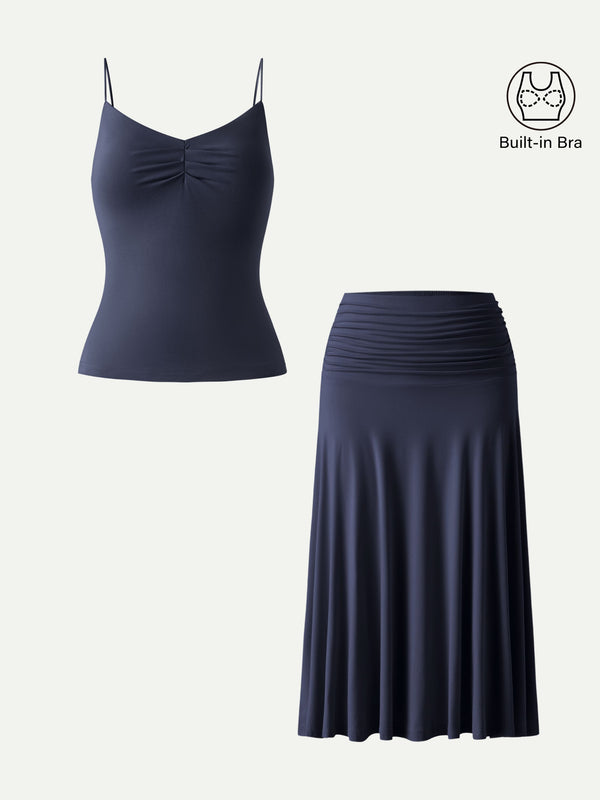 OGLmove 2Pcs Set Front Tucked Spaghetti Brami & A-line Midi Skirt