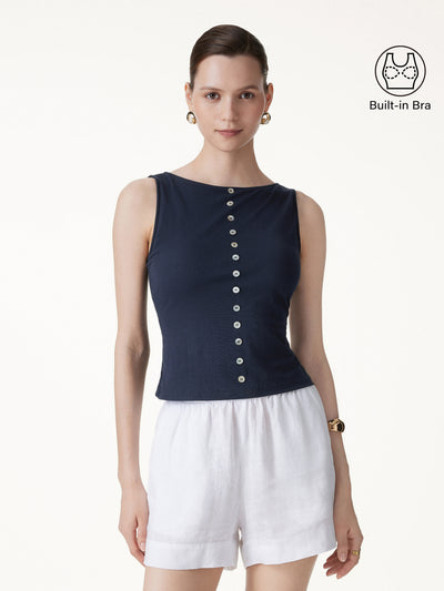 OGLmove Cotton-Linen Boatneck Cropped Bra Top Smoky Navy XS