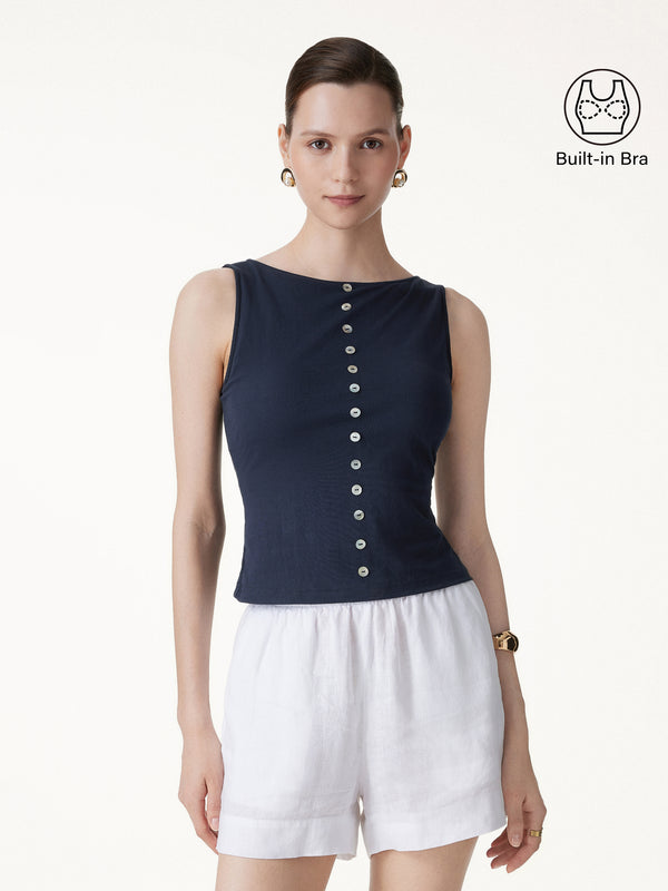 OGLmove Cotton-Linen Boatneck Cropped Bra Top Smoky Navy XS