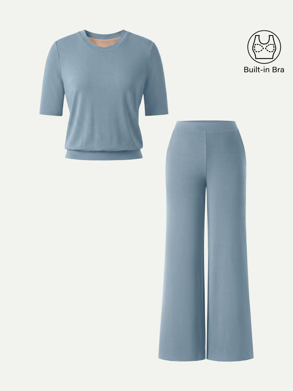 OGLmovede 2Pcs Set Regular Mid Rise Wide Leg Pants & Crewneck Bra Top