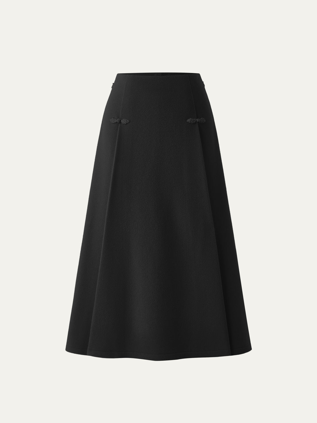 Wool-like Frog Button A-Line Midi Skirt Black XS