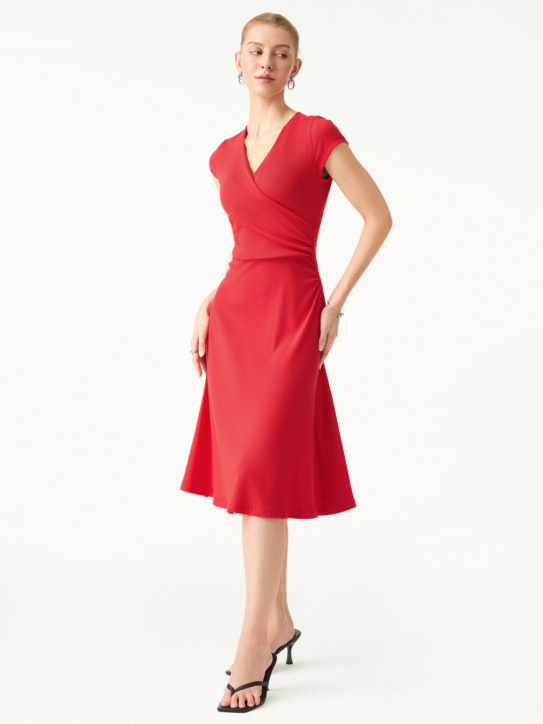 Stretch Cotton Surplice V neck Cap Sleeve Midi Dress