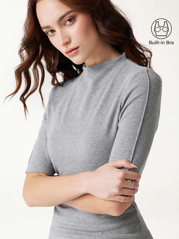 OGLmove LiteWarm Mock Neck Elbow Sleeve Pintuck Built-In Bra Top Heather Grey XXS
