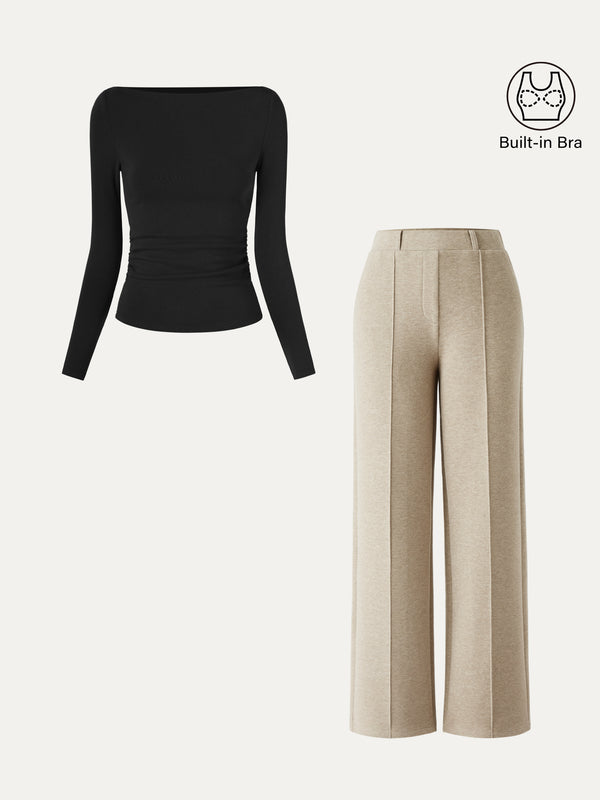 OGLmove 2Pcs Set Boatneck Bra Top & High Waisted Straigh Leg Pant