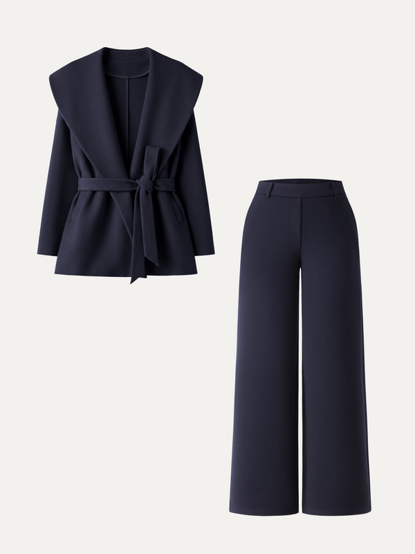 OGLmove 2Pcs Set Petite Belted Shawl Collar Robe Jacket & Straight Pants with Pockets Black Navy XXS