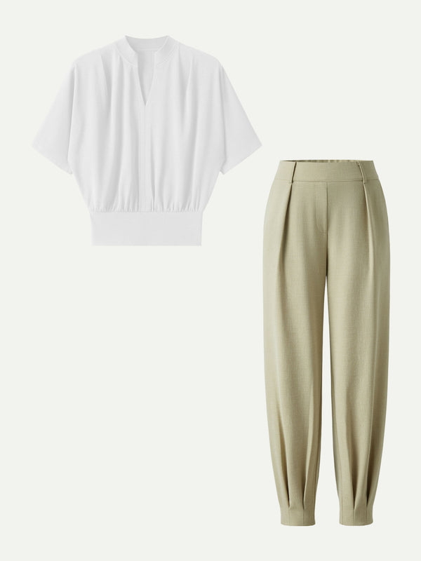 OGLmove 2Pcs Set Stand Collar V-Neck Top & Wrinkle-Resistant Tapered Pant
