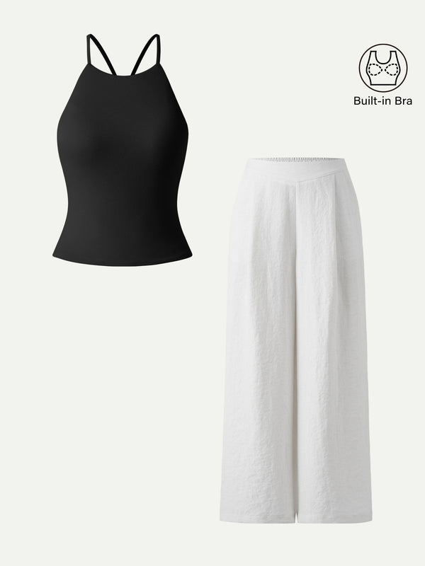 2Pcs Set Tie Back Bandless Crop Bra Tank & Mid Rise Wide Leg Pant with Pockets Black/Linen White XS