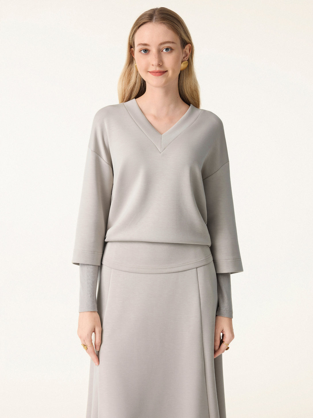 V-neck Hip Length Top with Sleeve Warmers Grey Steel XS