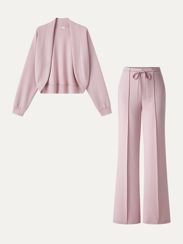 OGLmove 2Pcs Set Long Sleeve Drop-Shoulder Cardigan & High-Rise Flare Pants with Pockets