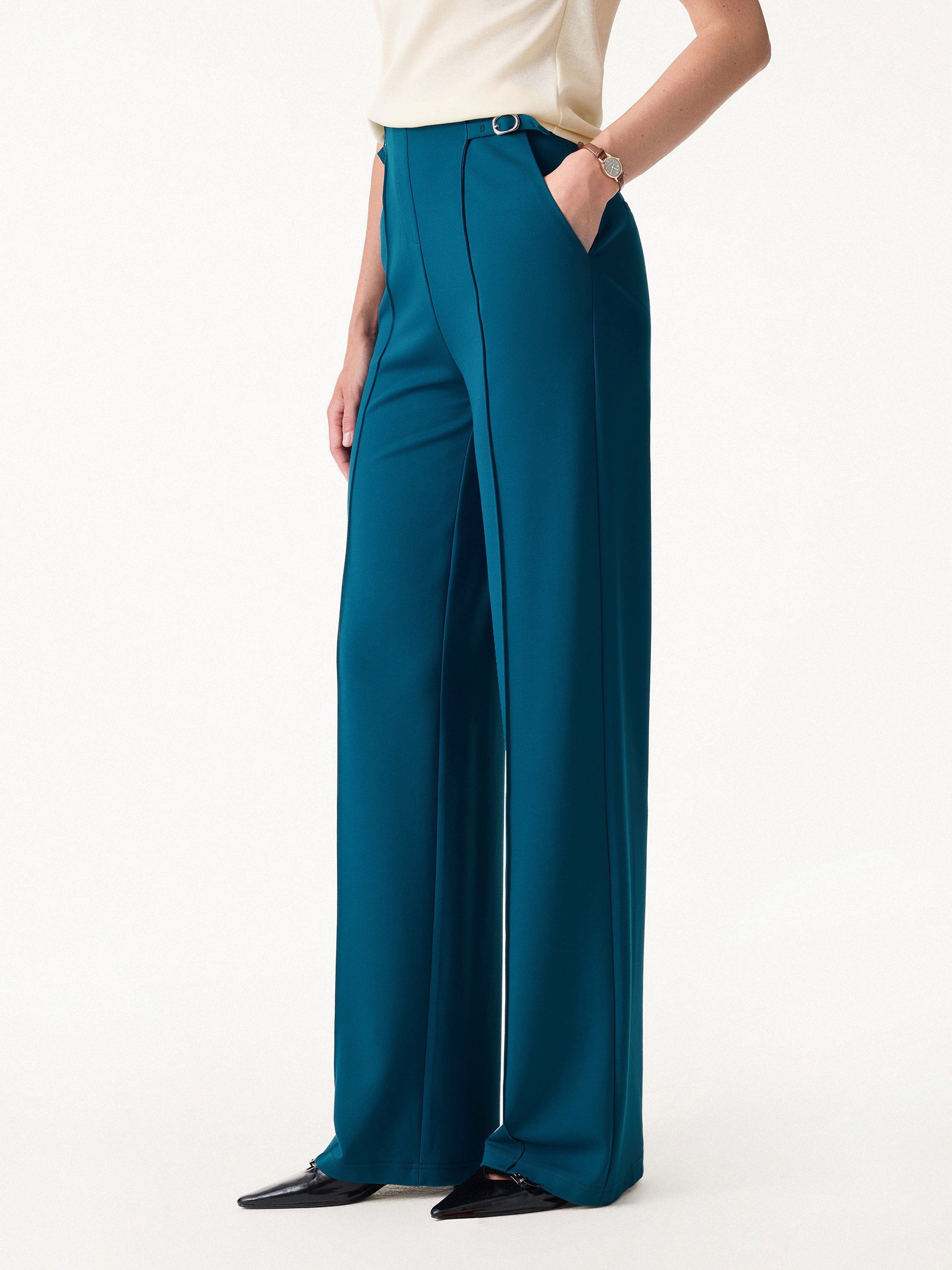 4 Way Stretch Drapey High Rise Wide Leg Ankled Pant