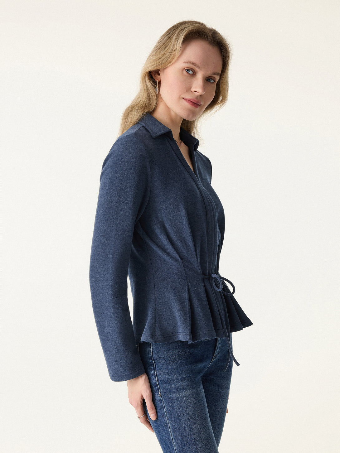 Polo Neck Drawstring Tie Long Sleeve Top