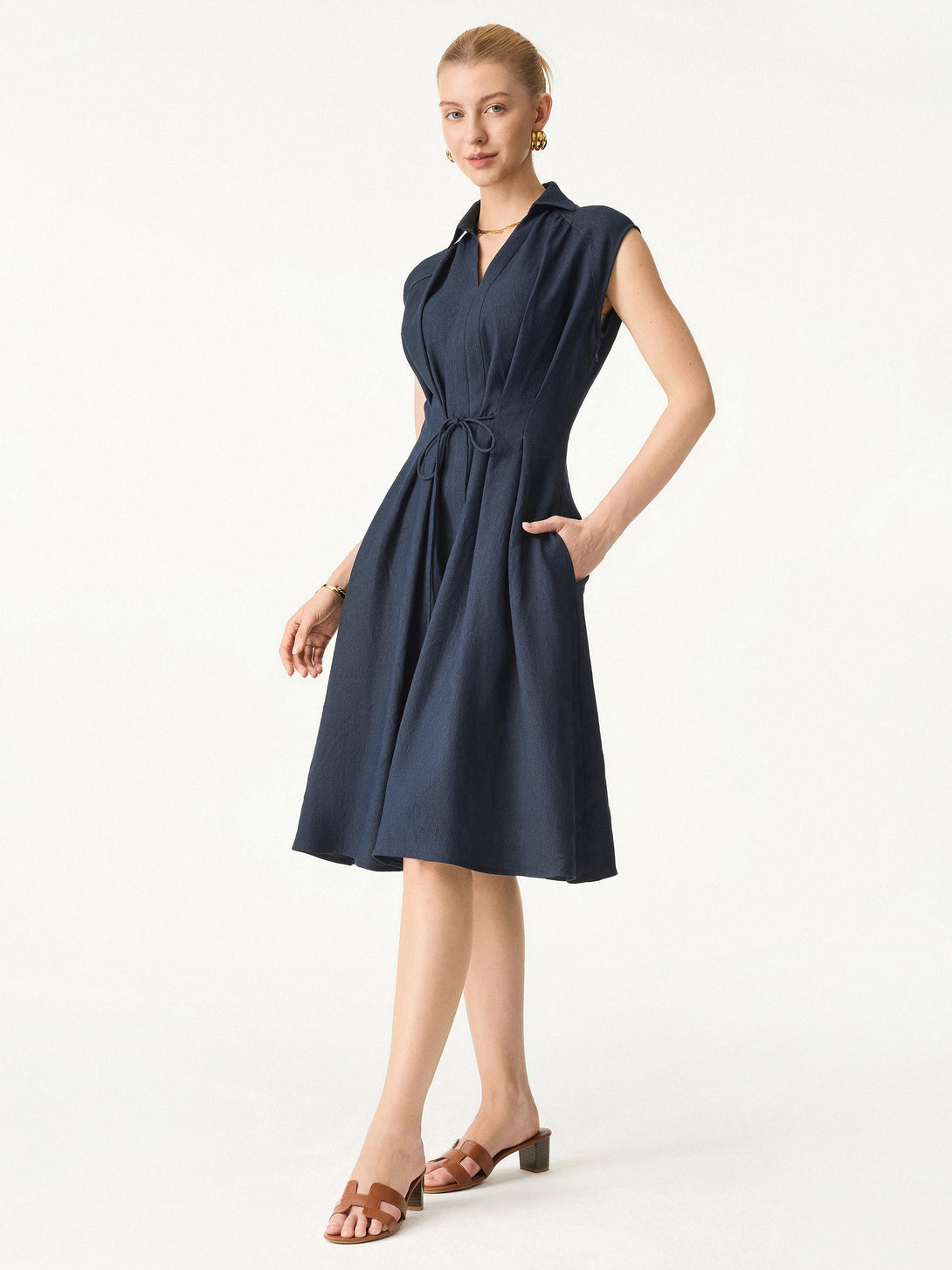 Viscose-Linen Collared V-neck Midi Dress with Drawstring
