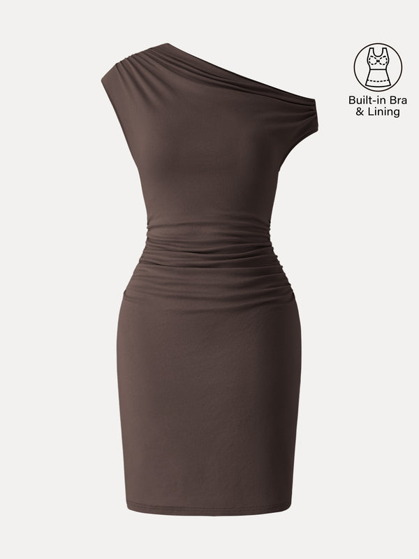 OGLmove Soft Cotton Lyocell Ruched Asymmetrical Shoulder Mini Bra Dress