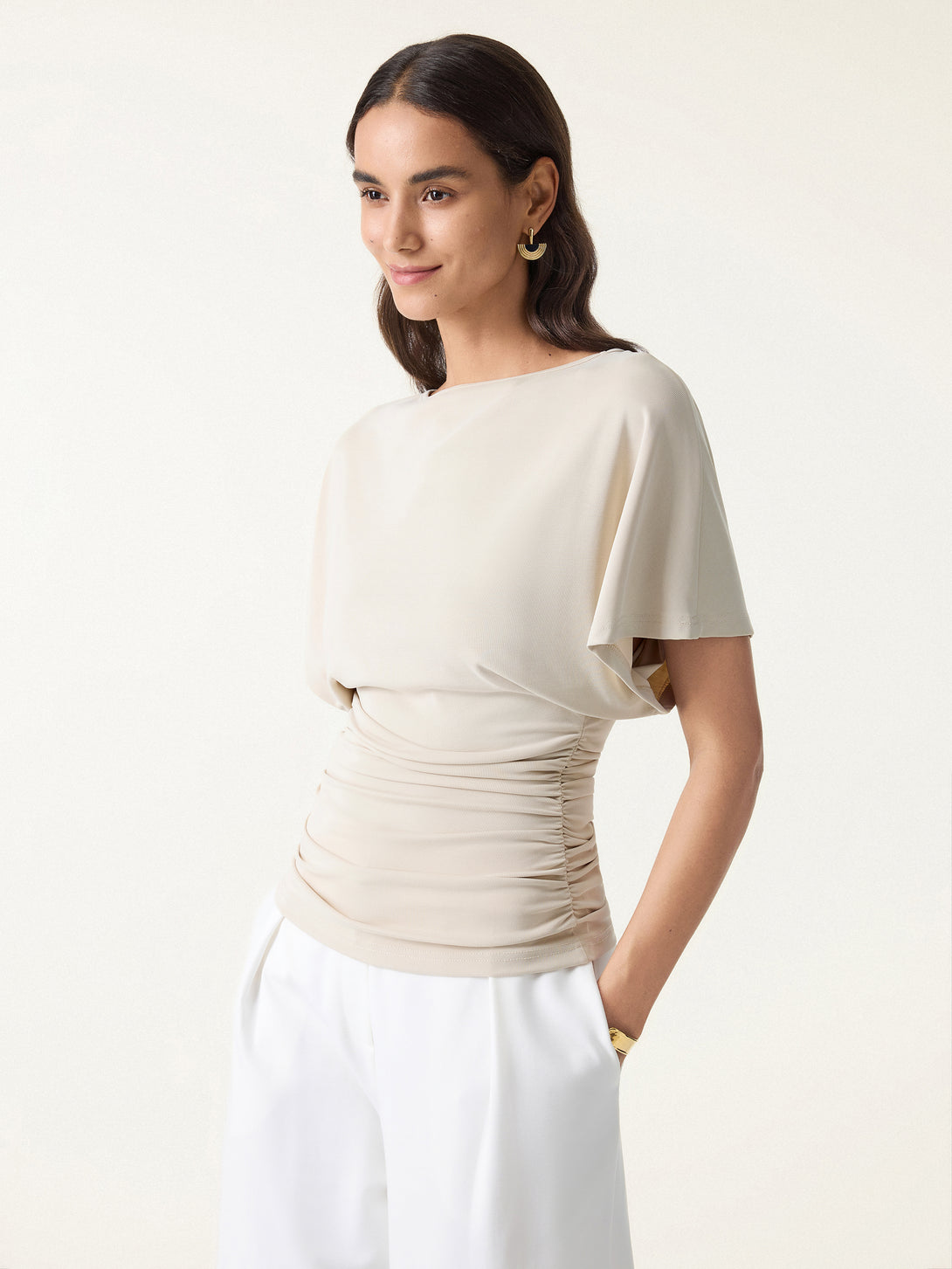 Effortless Boatneck Batwing Sleeve Side Ruched Top