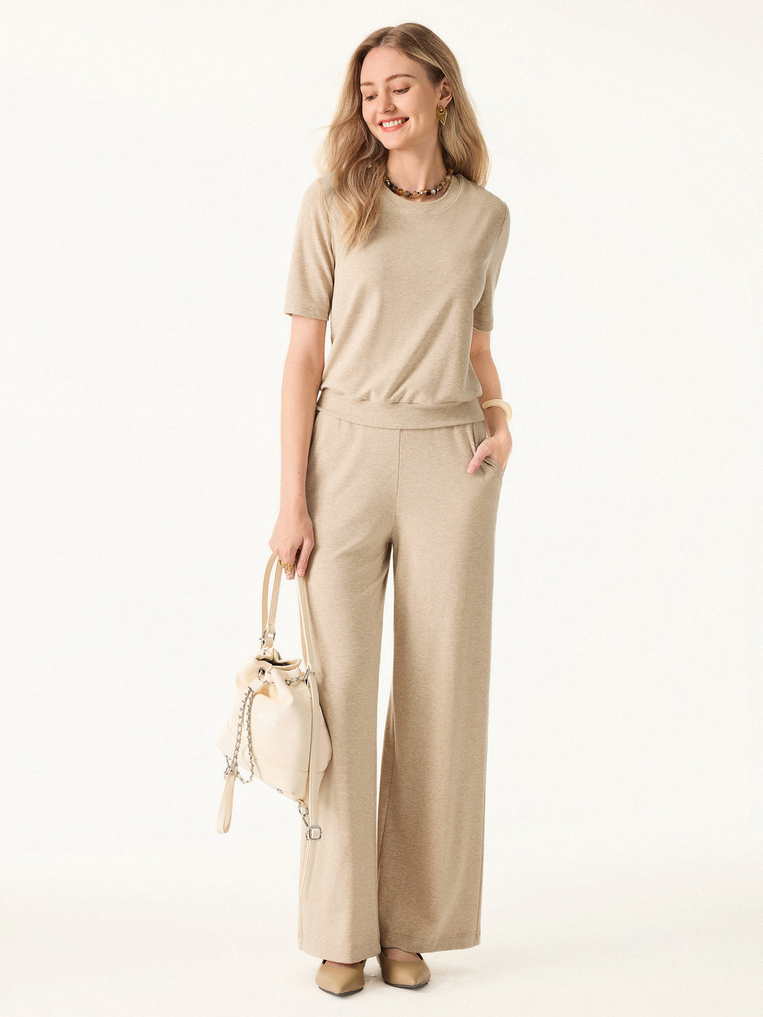 Lyocell Wool Mid Rise Wide Leg Pull-on Pants with Pockets