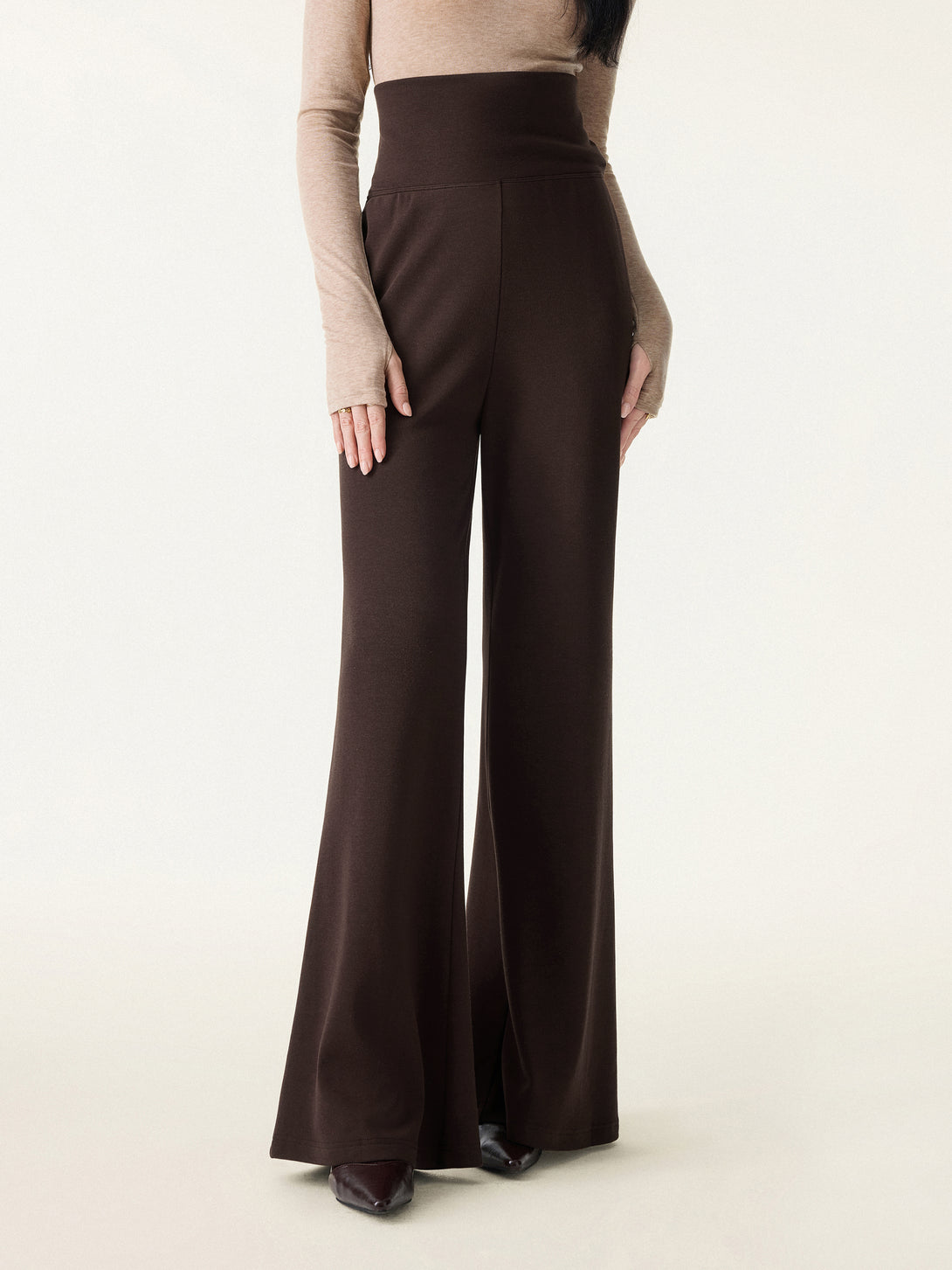 Tummy Warmer Folding Waistband Flared Pants with Pockets