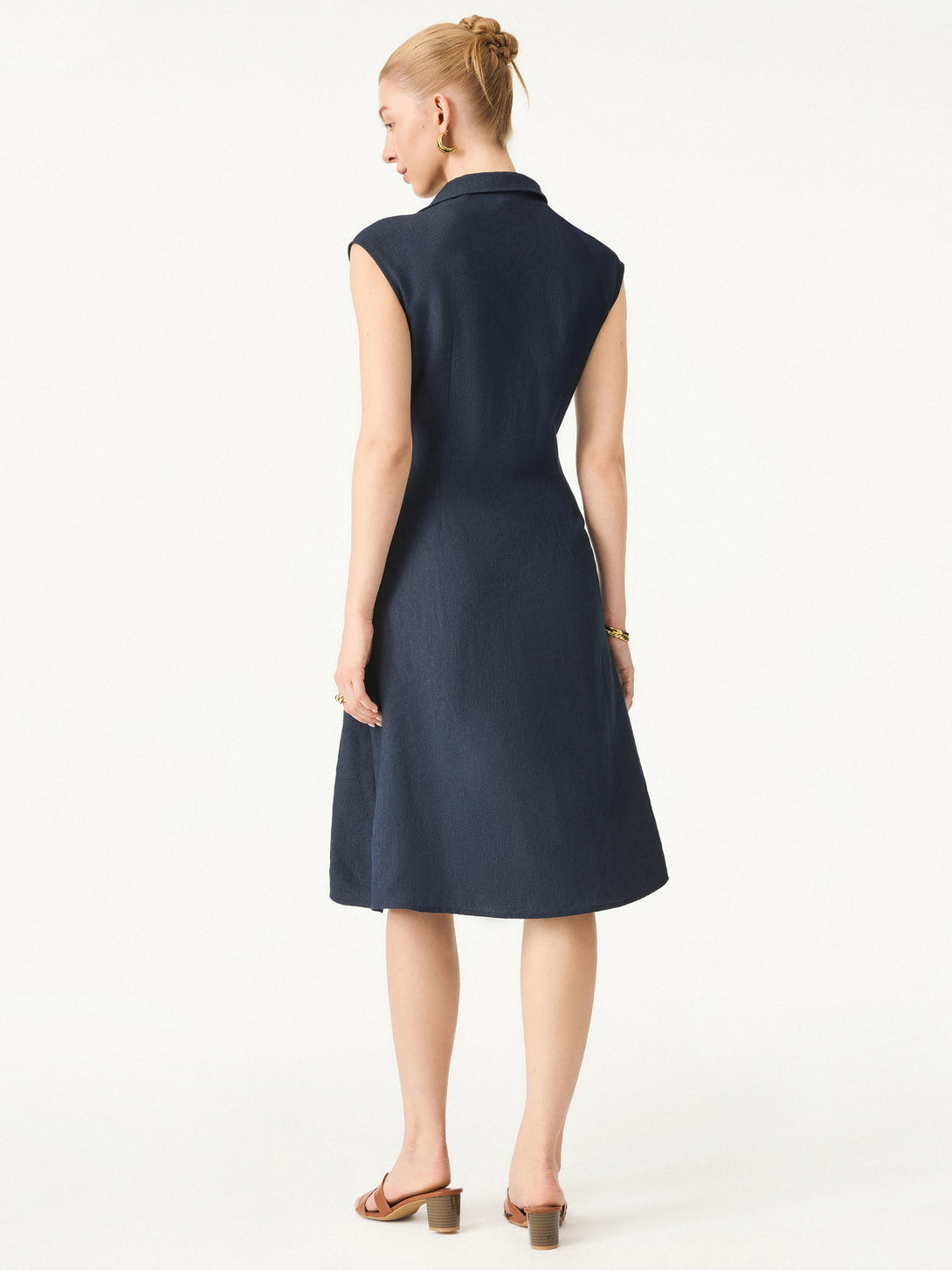 Viscose-Linen Collared V-neck Midi Dress with Drawstring