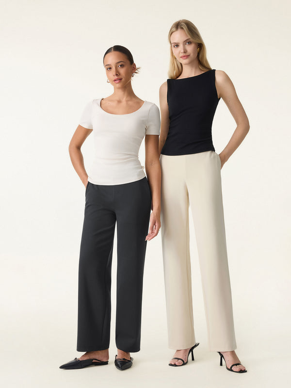 Stretch Cotton Blend Slim Straight Pull-on Pants with Pockets