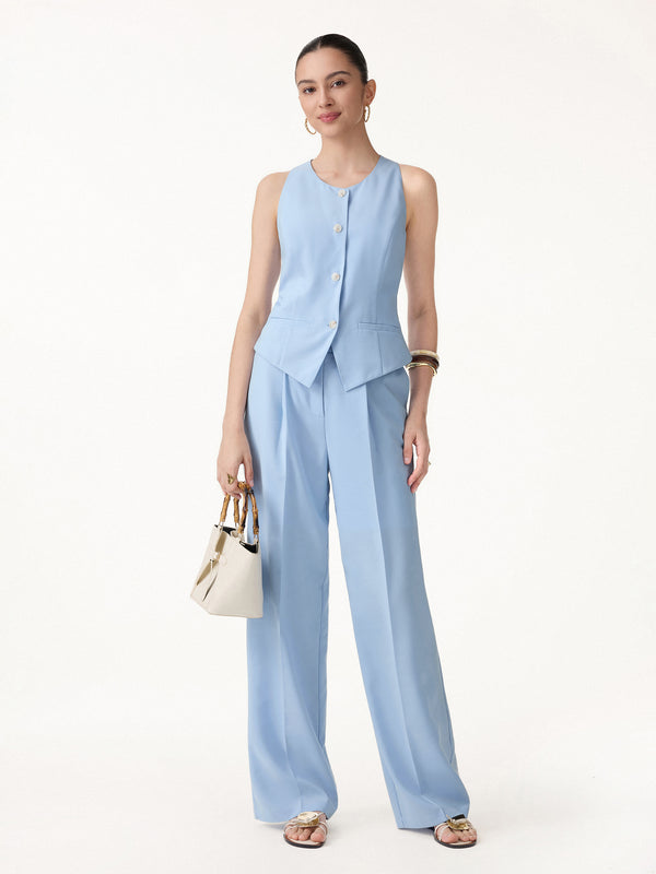 OGLmove 2Pcs Set Waistcoat with Pockets & Wide Leg Pant