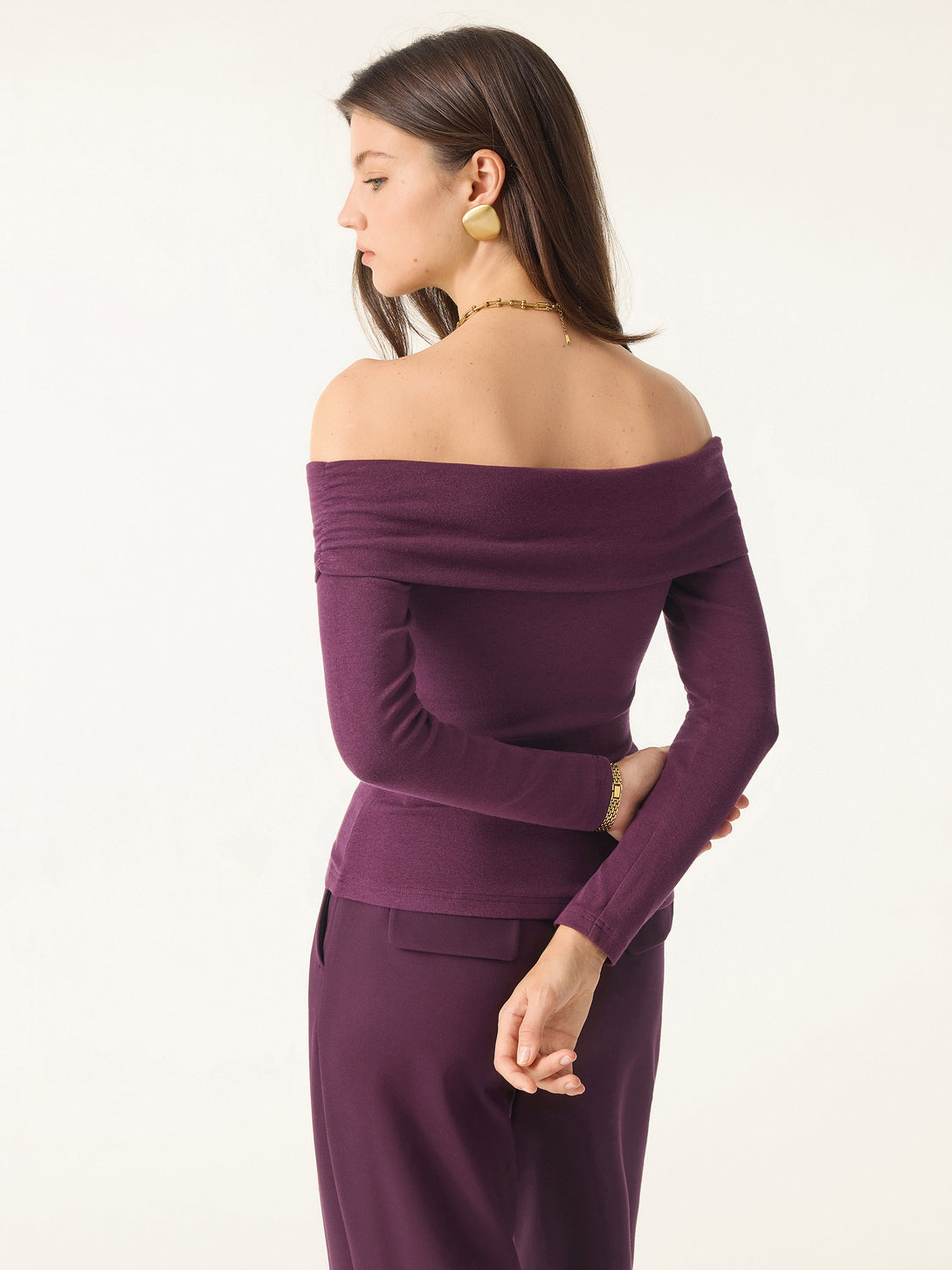 2Pcs Set Criss Cross Off-Shoulder Brami & High Rise Pull-on Flared Petite Pants