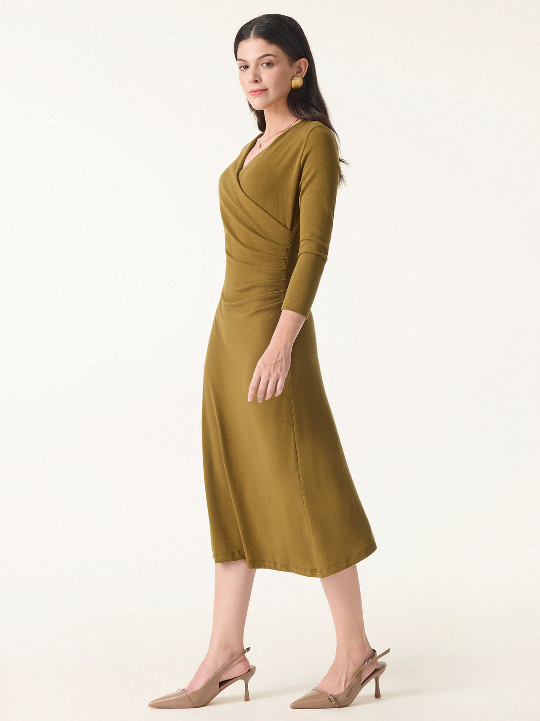 Slimming Surplice 3/4 Sleeve Midi Dress