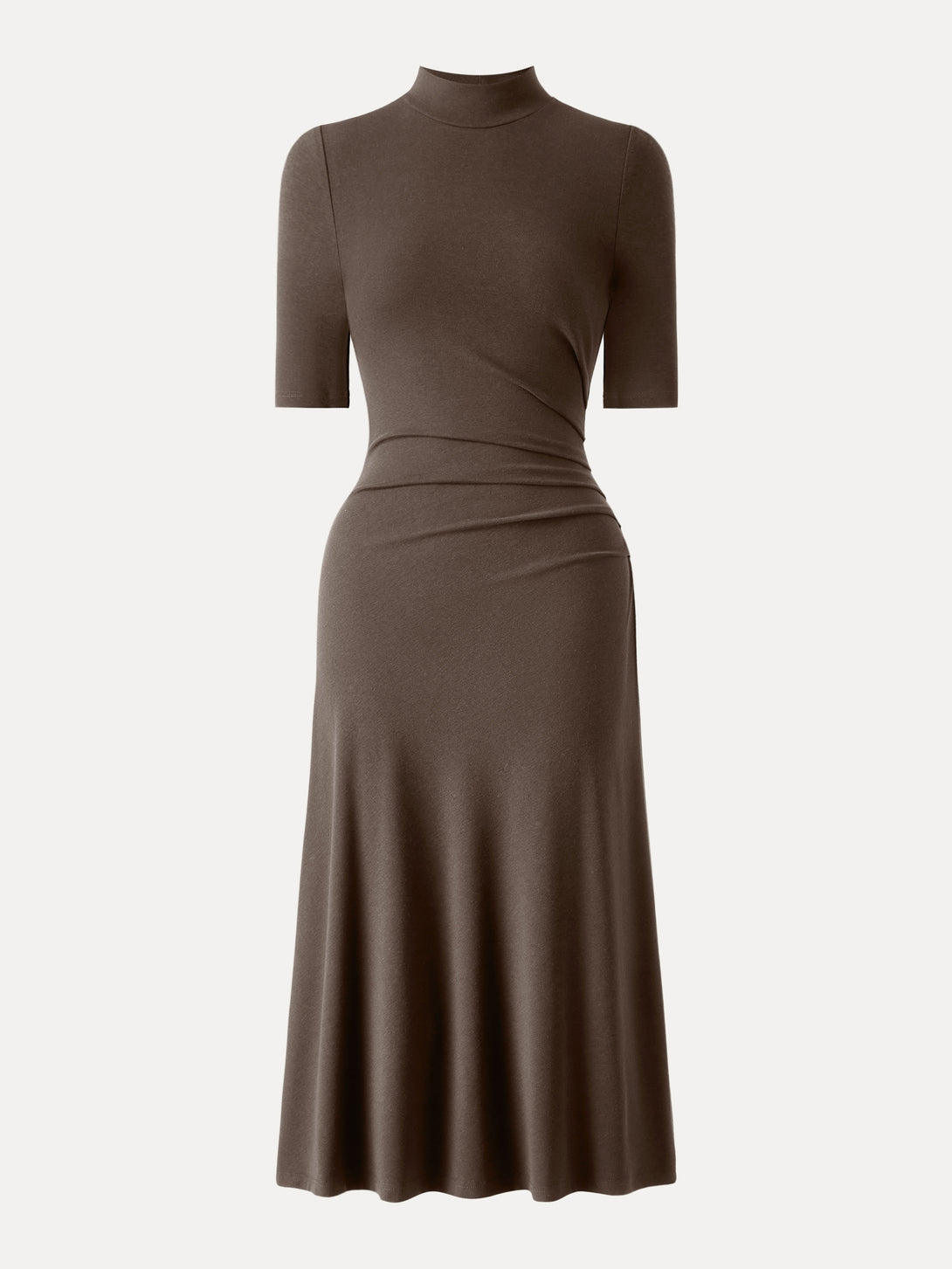Mockneck Elbow Length Sleeve Tucked Midi Dress Regular Hazelnut Coco
