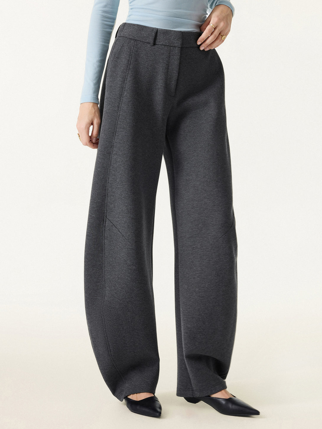 Stretch Mid Rise Barrel Leg Knit Pants with Pockets