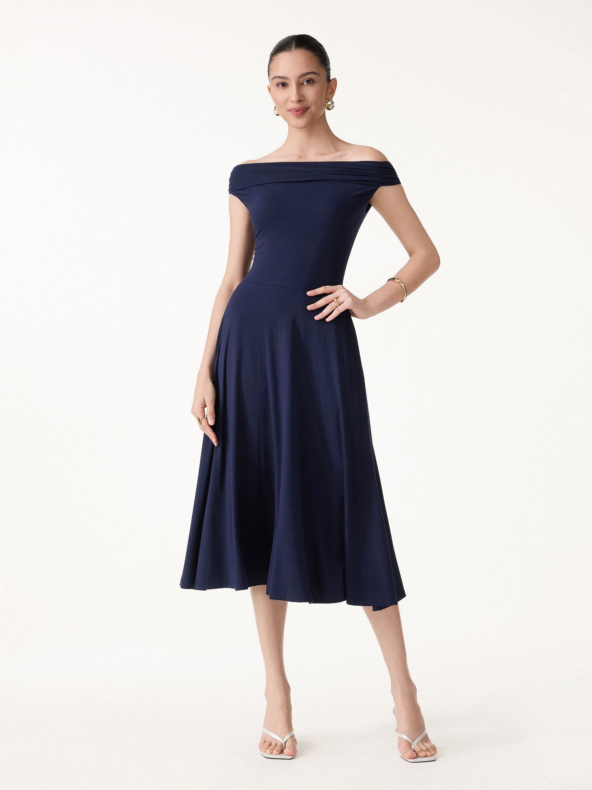 Casual Regular Fit Dark Marine/XS Midi Dresses Asymmetrical Sleeves Short Sleeves Women Dresses OGLmove