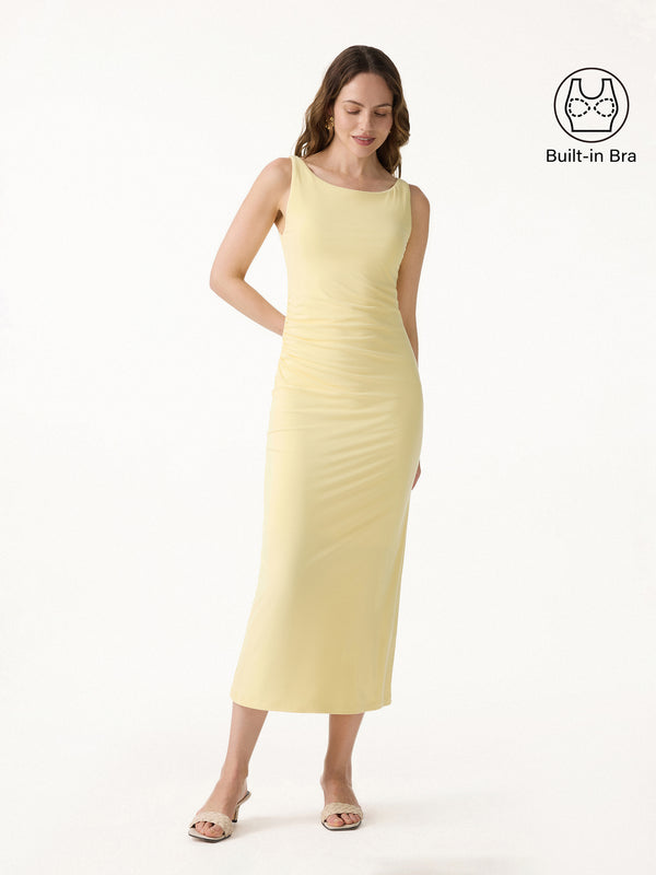 OGLmove Matte Smooth Boatneck Ruched Midi Bra Dress