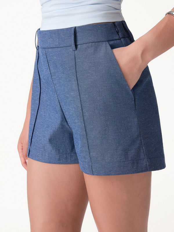 OGLmove Linen-Like Mid Rise Pintuck Shorts with Pockets Denim Blue XS