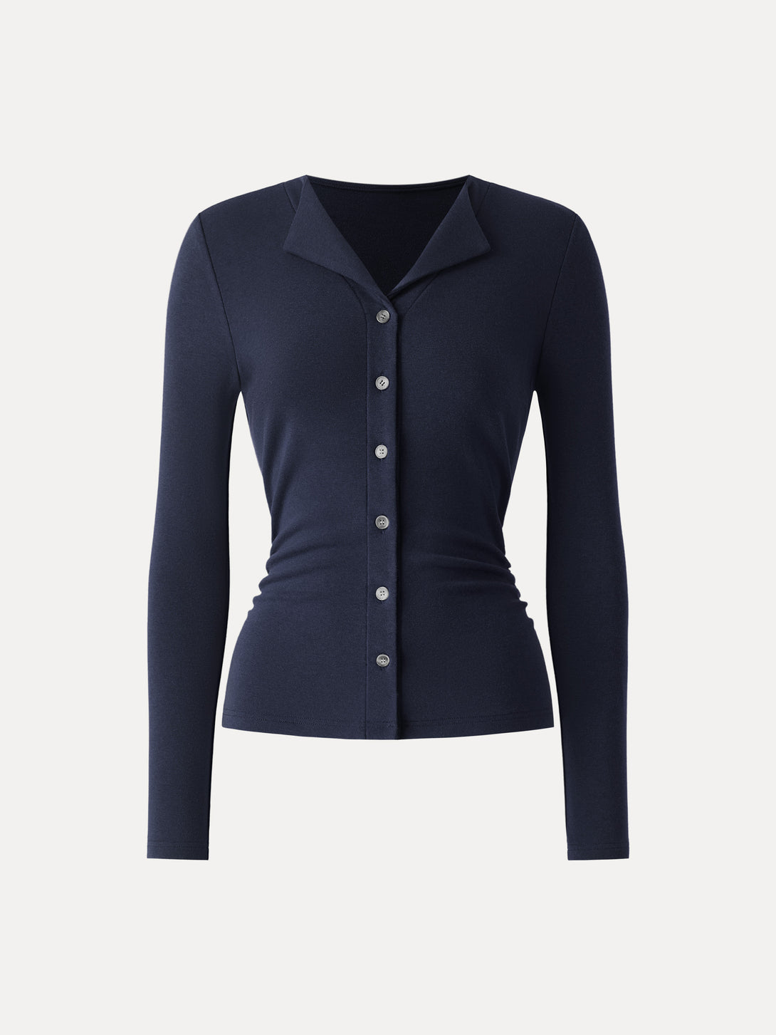 Flapped V-neck Button Front Side Ruched Top Midnight Navy XS