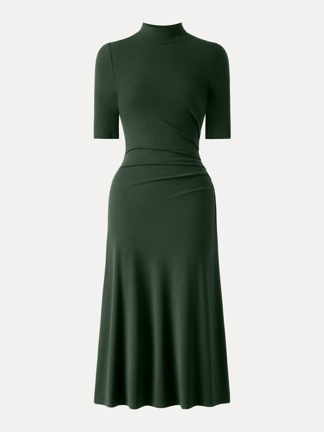 Mockneck Elbow Length Sleeve Tucked Midi Dress Regular Bush Green