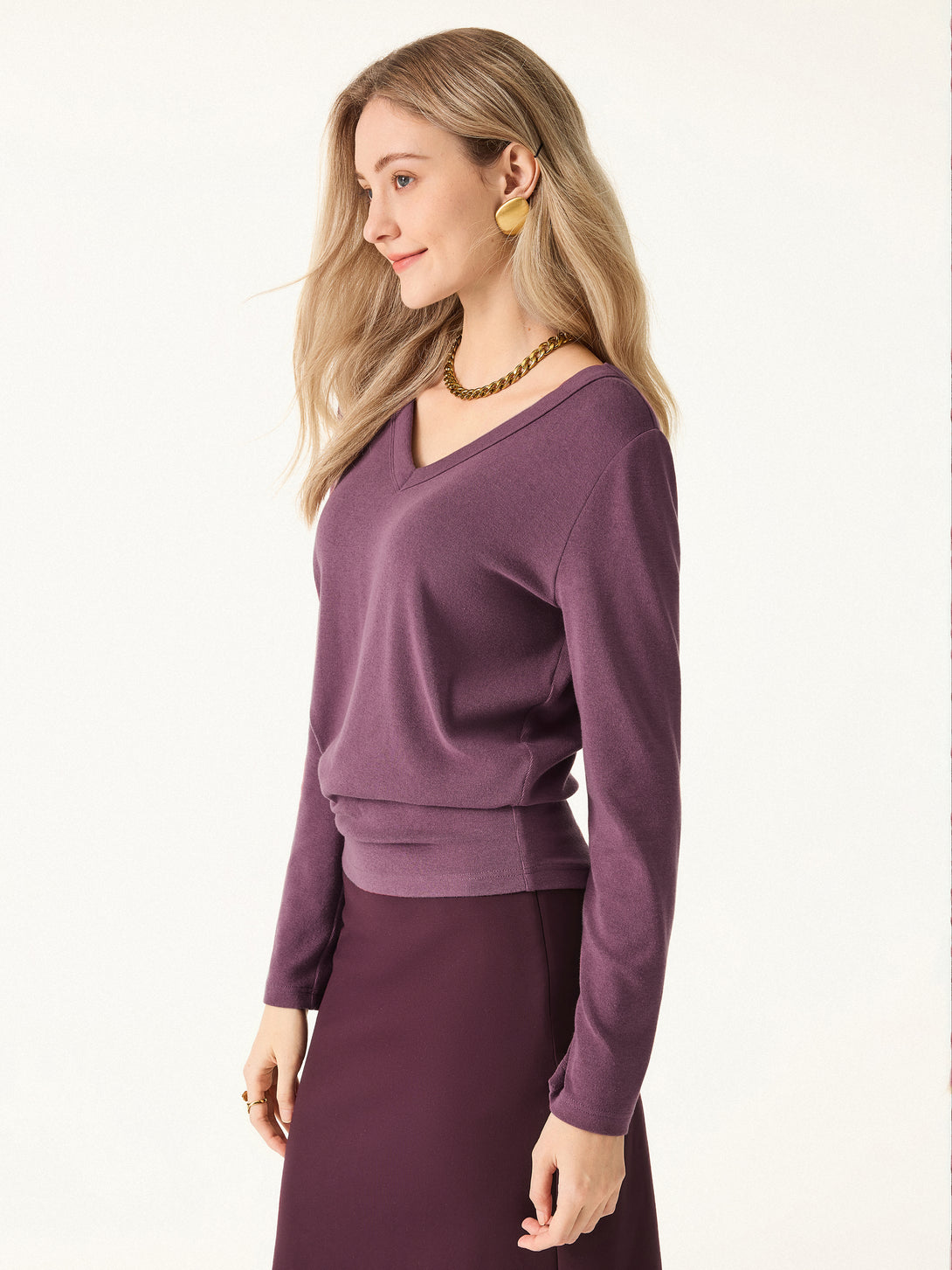 Essential V-neck Long Sleeve Top with Close-fit Hem