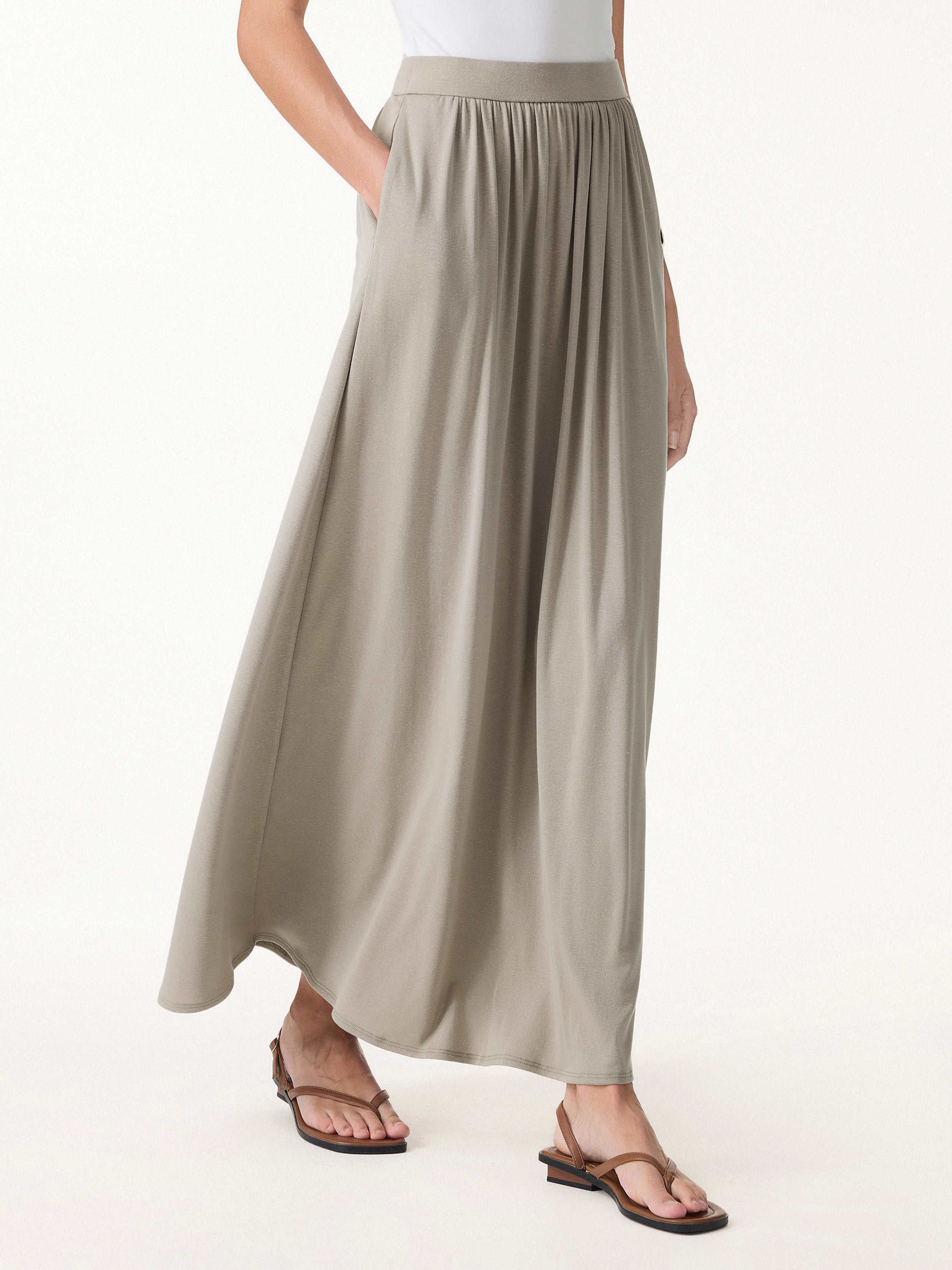 Soft Linen Knit Gathered Line Maxi Skirt Pockets