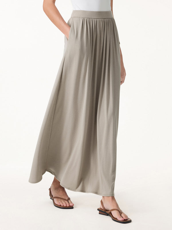 OGLmove 2Pcs Set Round Neck Top & A-Line Maxi Skirt with Pockets