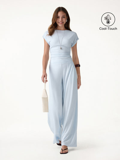 OGLmove 2Pcs Set Round Neck Ruched Tee & Mid Rise Wide Leg Pants Blue Air XS