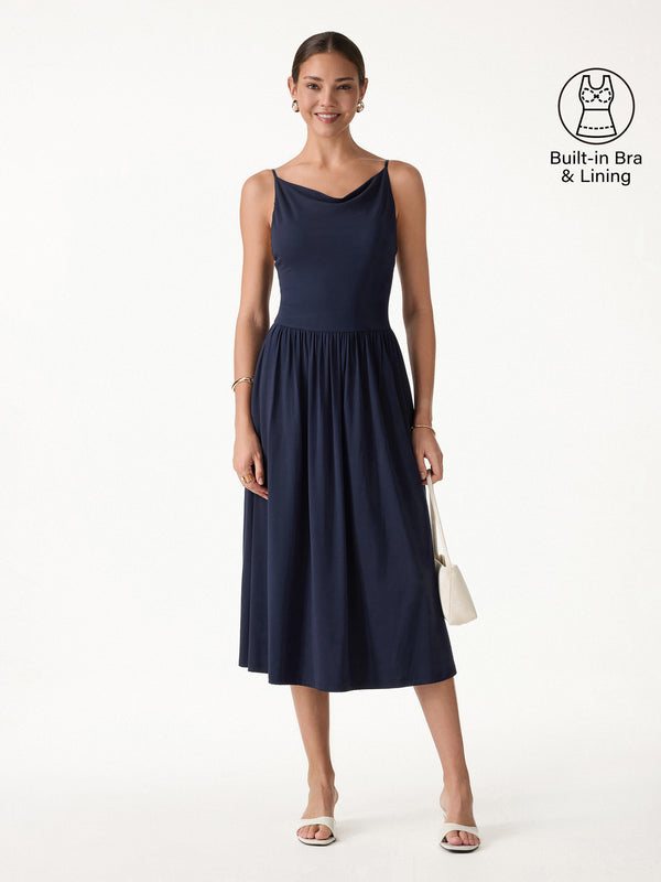 OGLmove SkinKiss Cowl Neck Open-Back Midi Bra Dress Midnight Navy XS