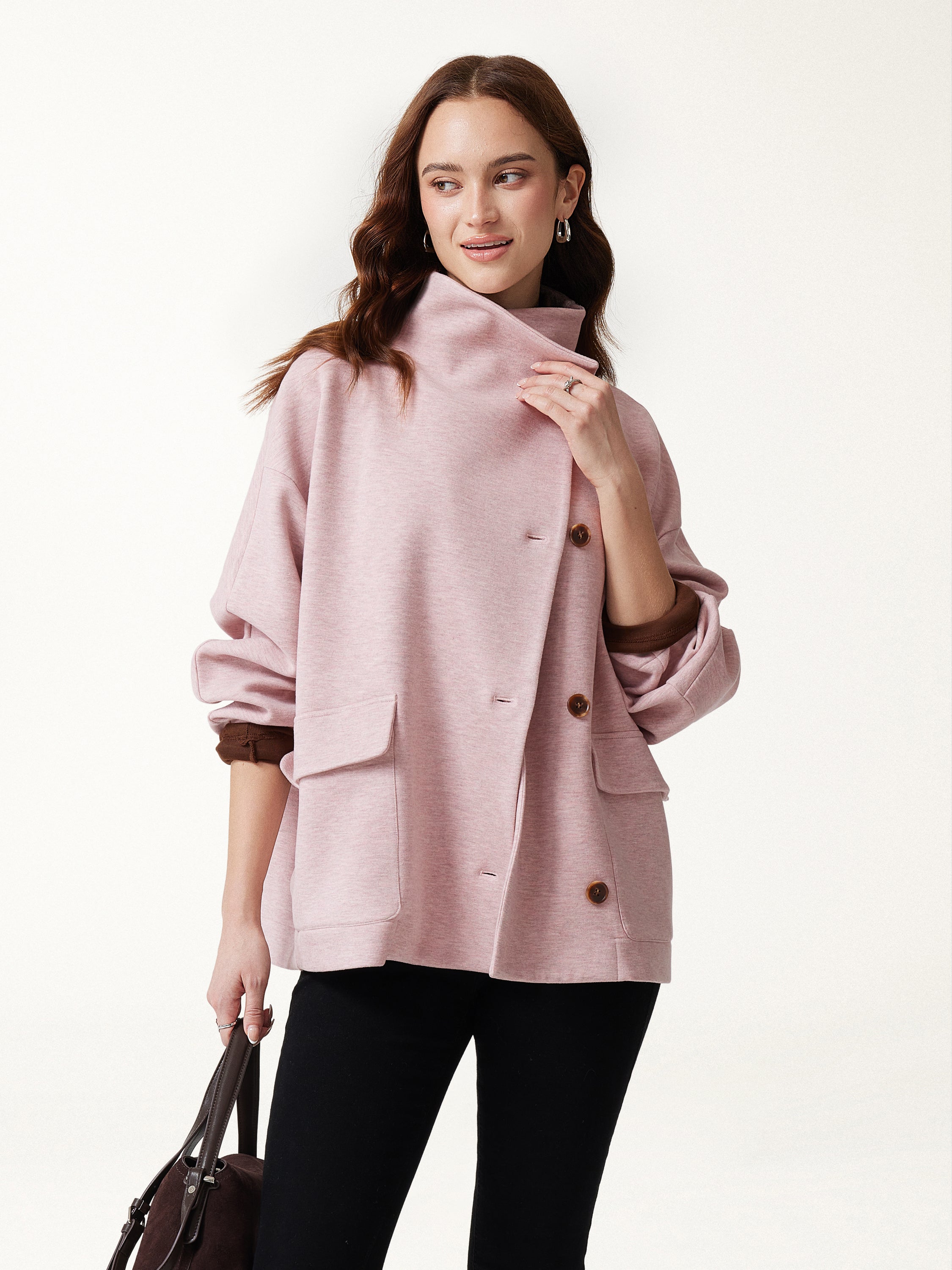 OGL FuzzLuxe Mock Neck Long Sleeve Button-Down Jacket with Pockets