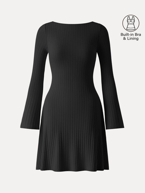 Cozy Rib Boatneck Bell Sleeve Flare Mini Brami Dress Black XS