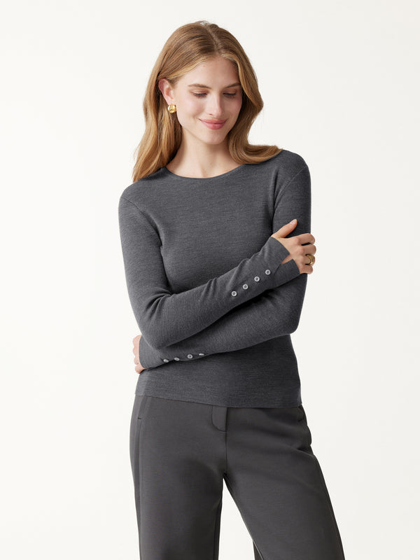 OGLmove 100% Merino Wool Round Neck Long Sleeve Button-Cuff Sweater Heather Black Grey XXS