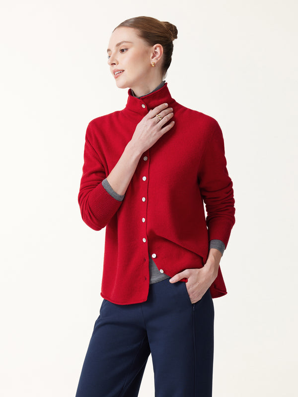 OGLmove Merino Wool Cashmere Blend Mock Neck Long Sleeve Sweater Cardigan Red XXS
