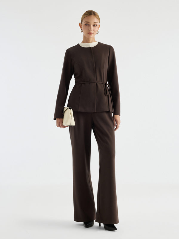 OGLmove Bamboo Piqué Round Neck Long Sleeve Belted Jacket with Pockets