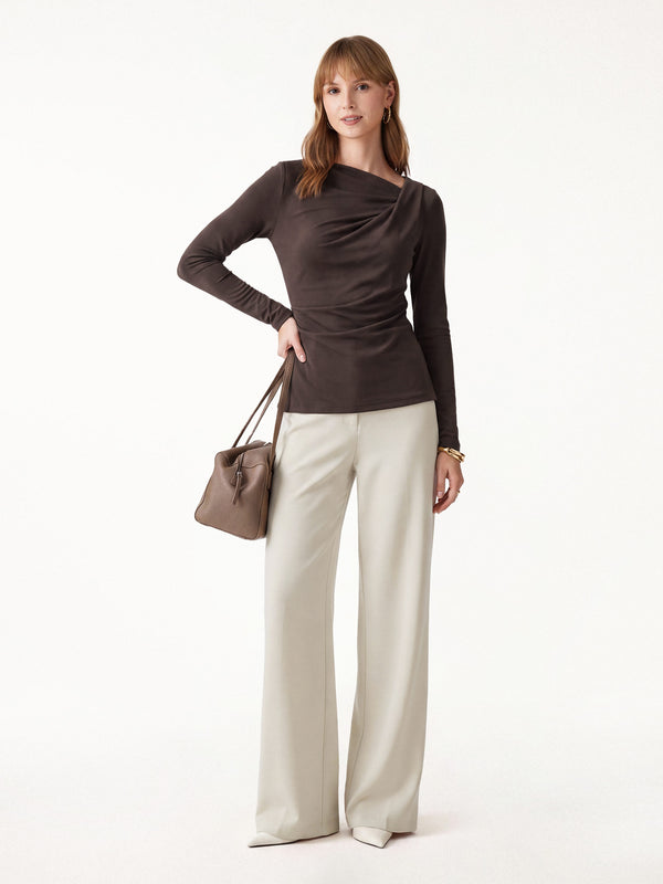 OGLmove 2Pcs Set Asymmetrical Neck Long Sleeve Top & Mid Rise Wide Leg Trouser Cedar Brown/Morning Mist XXS