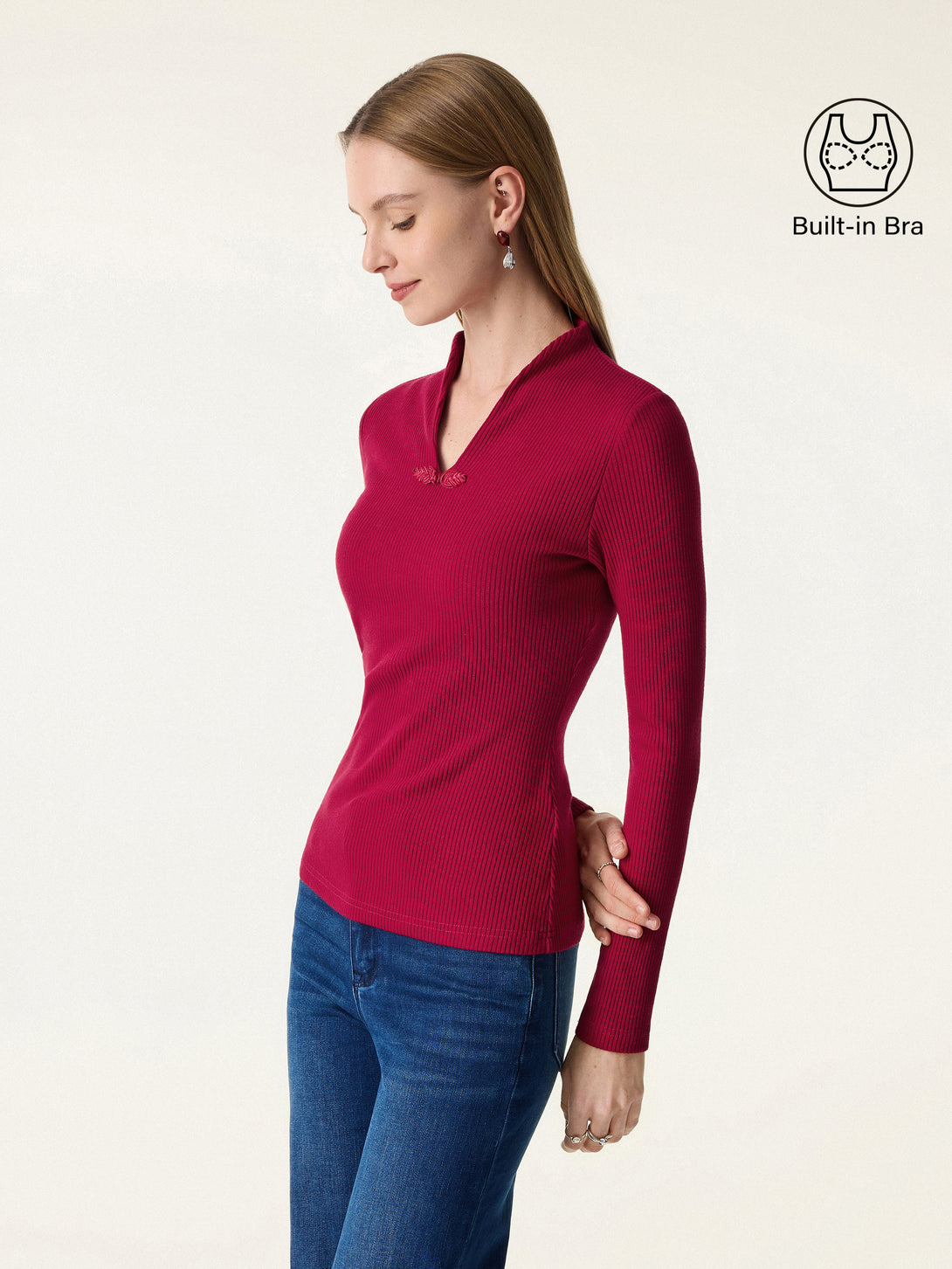 Ribbed Stand V-neck Frog Button Long Sleeve Brami