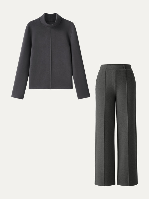 OGLmove 2Pcs Set FuzzLuxe Turtleneck Top & Regular High Waisted Straight Leg Pull On Pant