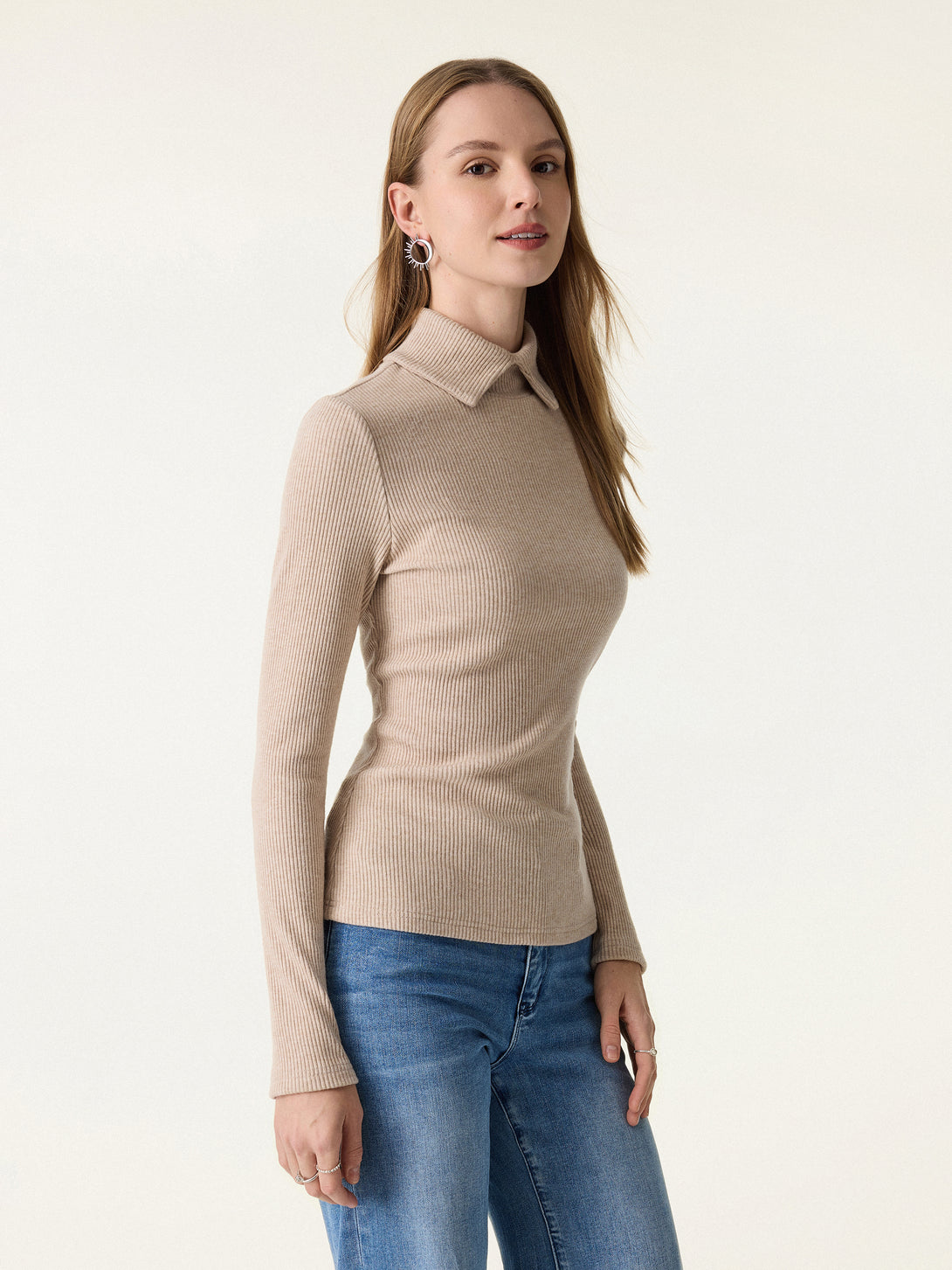 Ribbed Stand Collar Long Sleeve Top