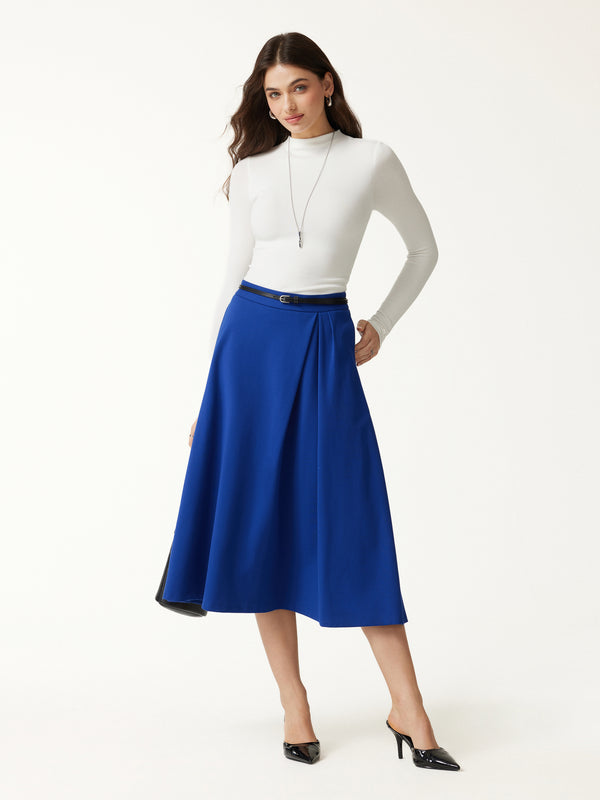 OGLmove Ponte Mid-Rise Tucked A-Line Midi Skirt with Pockets Ultramarine Blue XXS