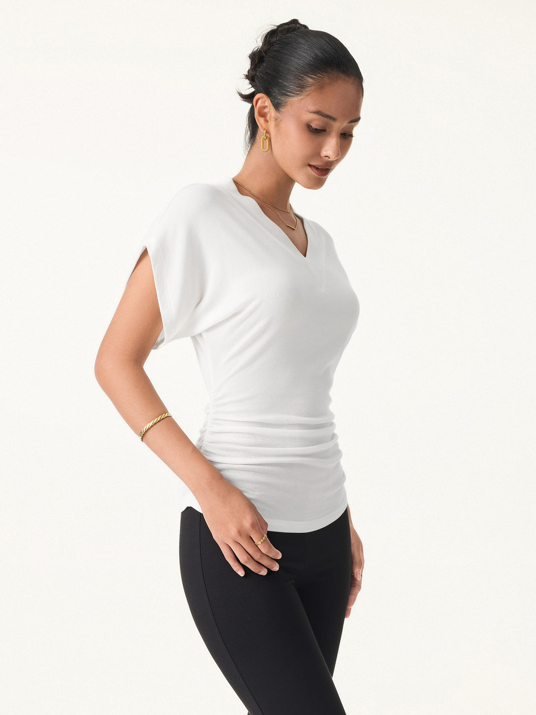 Semi-sheer Lyocell Cashmere Blend V-neck Short Sleeve Side Ruched Tee