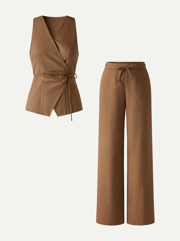 OGLmove 2Pcs Set Wrap Top with Self-Tie & Drawstring Wide Leg Pant with Pockets