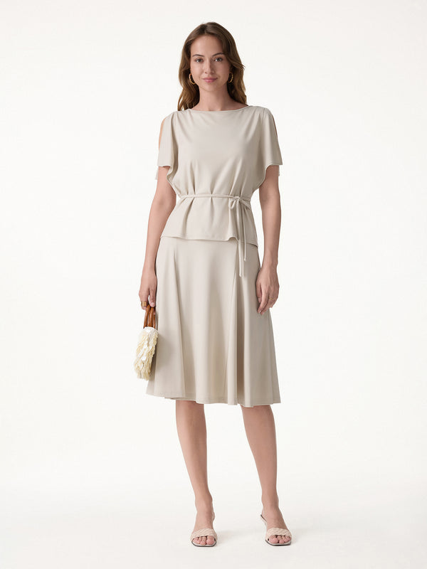 OGLmove 2Pcs Set Relaxed Boatneck Top & Midi Skirt with Pockets